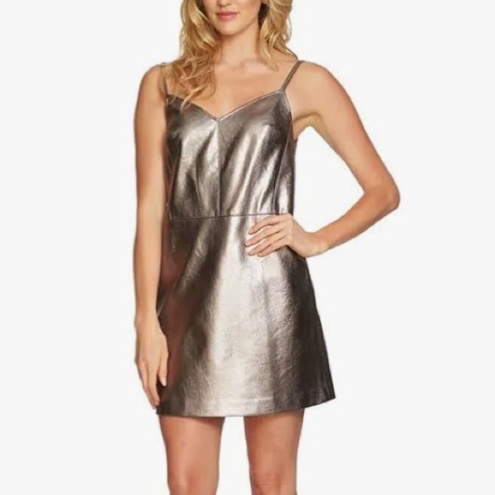 1 State Pewter Metallic Faux Leather A-Line Mini Dress Size 10
